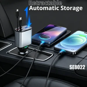 All-in-One Retractable Design 4-Port Fast Car Charger